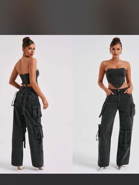 Matching Top & High-Rise Black Cargo Jeans set 
 Top: worn once  Pant: with tag